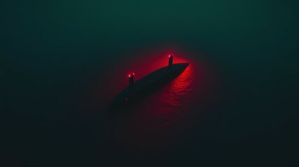 Fototapeta premium Tranquil Night Scene with Red Lights Reflecting on Calm Water Beneath a Dark Sky