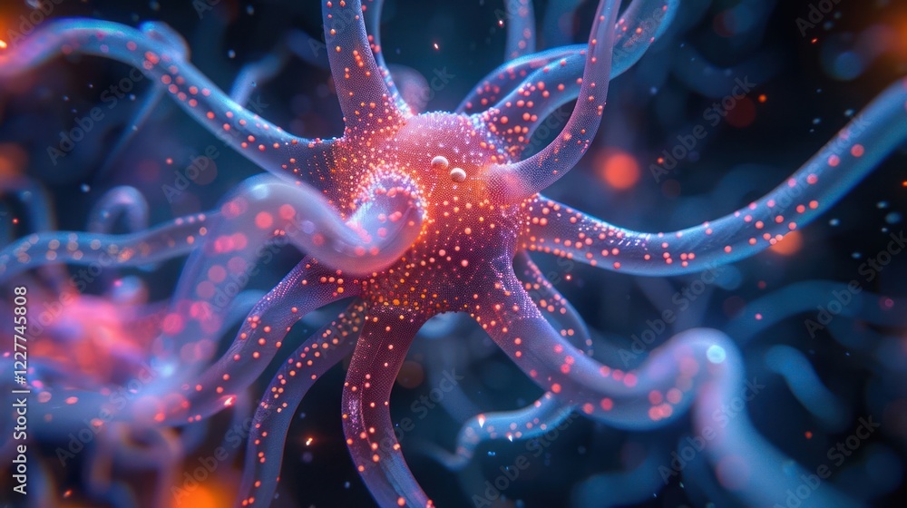 Poster vibrant close-up of a neuron with glowing tendrils in a dark background, illustrating neural activit