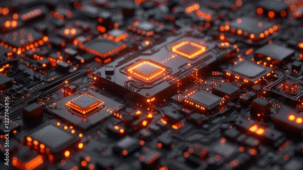 Aufkleber close-up view of intricate circuit board with glowing orange components and connections
