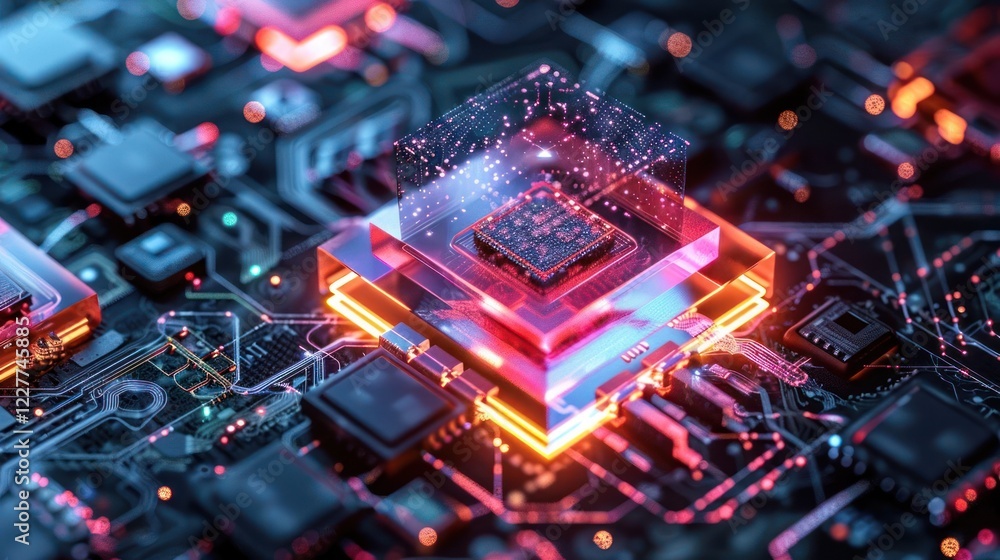 Poster close-up of a futuristic microchip surrounded by glowing circuitry, showcasing advanced technology