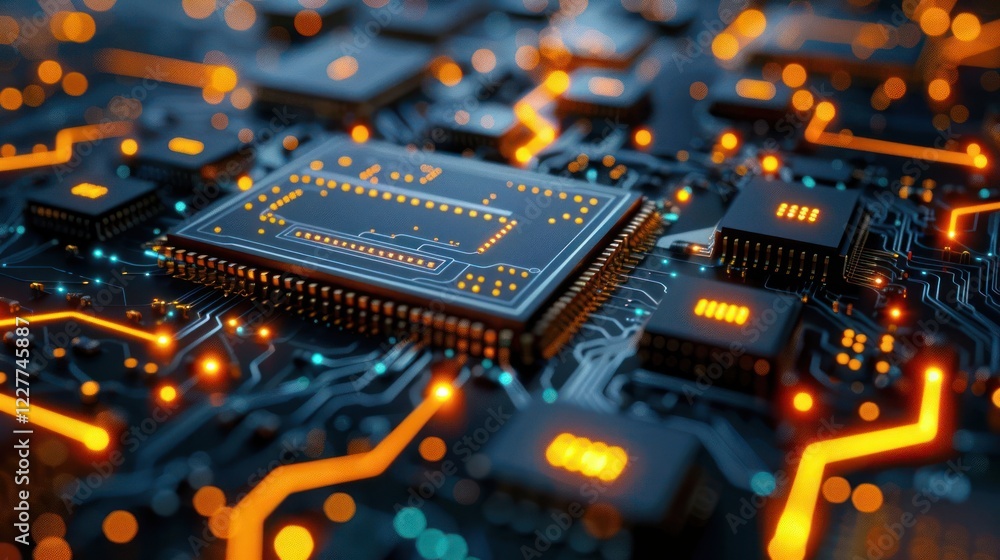 Aufkleber close-up of a futuristic microchip on a circuit board with glowing connections and details