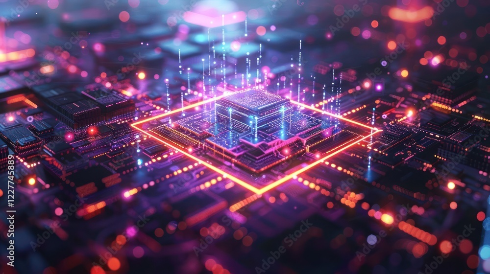 Aufkleber abstract representation of a glowing microchip with data streams in a futuristic digital landscape