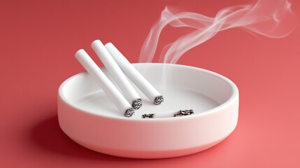 Three cigarettes in a white ashtray with smoke