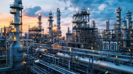 Fototapeta premium Industrial landscape at sunset showcasing intricate piping and machinery with glowing lights