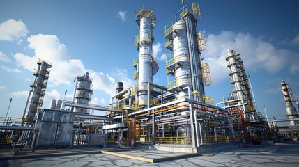 Industrial complex with towering structures and pipes under a clear blue sky