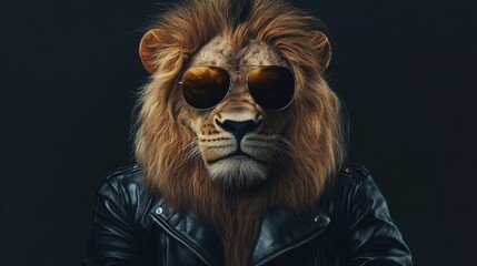 Lion wearing sunglasses and a leather jacket poses confidently against a dark background