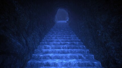 Mysterious stone staircase leading to a bright cave exit