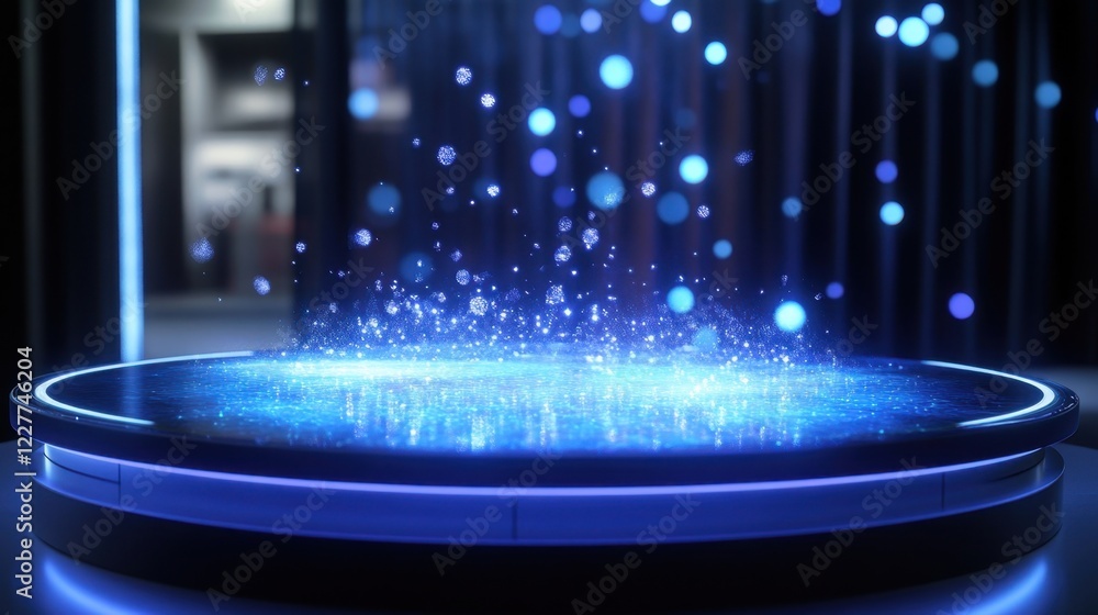 Poster glowing blue particles falling onto a futuristic podium, creating a mesmerizing display of light and