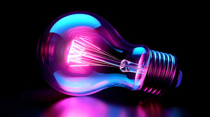 Futuristic Neon Light Bulb Resting on Its Side, Glowing with Soft Pink and Blue Hues Against a Dark Background