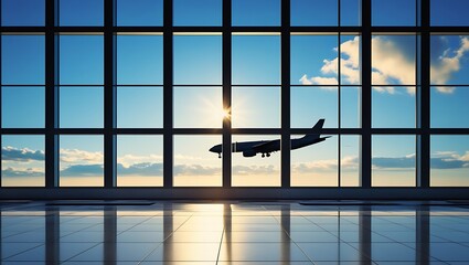 Stunning Airport Window View with Airplane Silhouette & Bright Sky