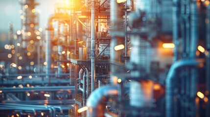Fototapeta premium Industrial complex with intricate piping and machinery illuminated by sunset glow