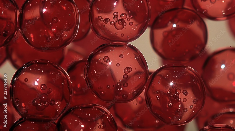 Poster close-up view of vibrant red bubbles with reflections and air bubbles, creating a textured backgroun