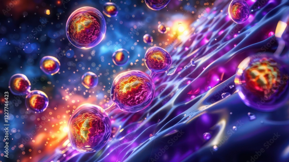 Poster vibrant microscopic view of colorful cells floating in a fluid environment with glowing patterns