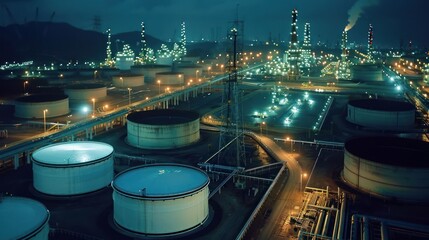 Night view of an industrial oil storage facility with illuminated tanks and refinery in background