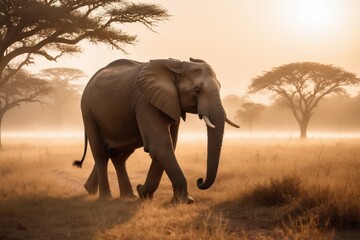 Naklejka premium a majestic elephant strolls through a golden savannah at sunset