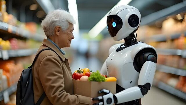 An elderly white woman interacts with a friendly robot while holding a box of fresh groceries in a supermarket aisle filled with colorful produce