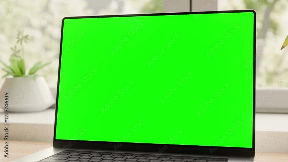 Poster laptop with green screen on a desk in a stylish home interior.. set of three camera transitions with