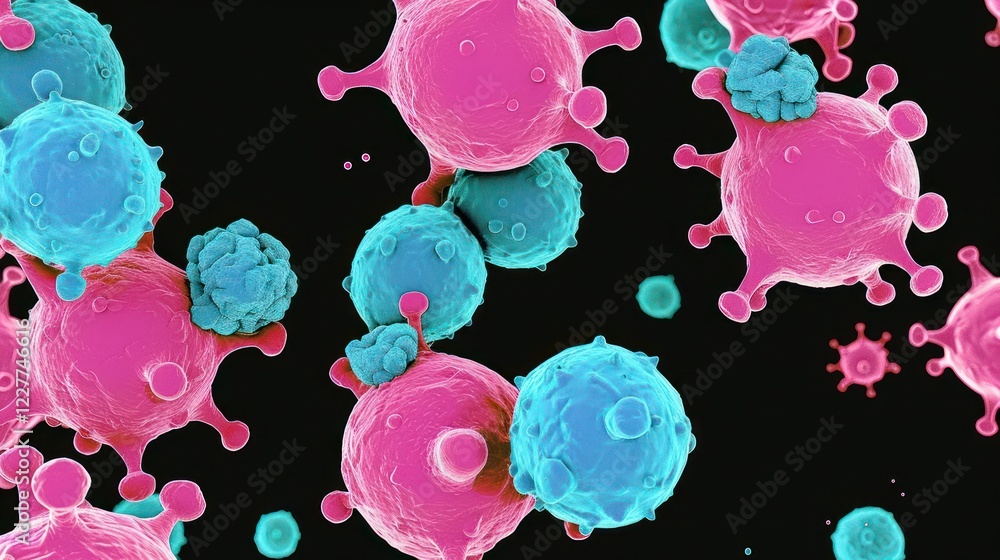 Poster colorful microscopic view of cells and microorganisms interacting in a dark background