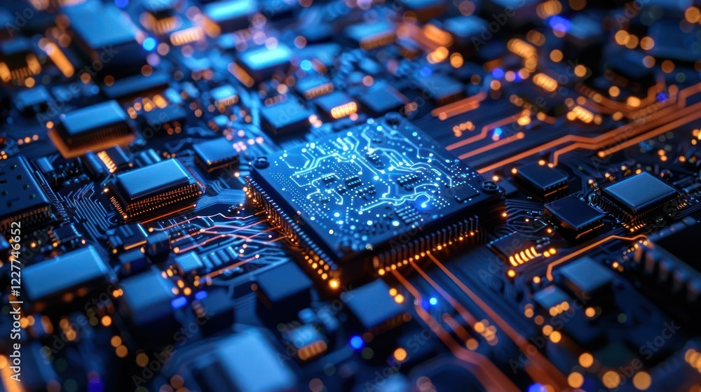 Poster close-up of a modern microchip on a circuit board with glowing connections and intricate details