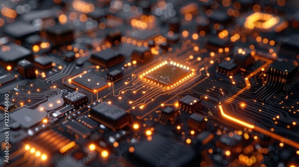 Poster close-up view of a glowing circuit board showcasing intricate designs and connections