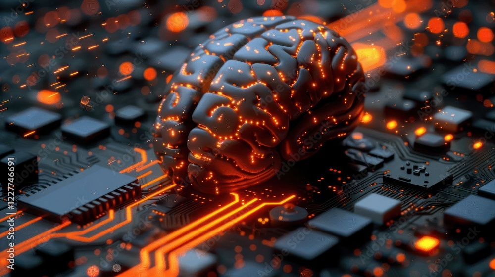 Poster a glowing brain model placed on a circuit board, symbolizing artificial intelligence and technology