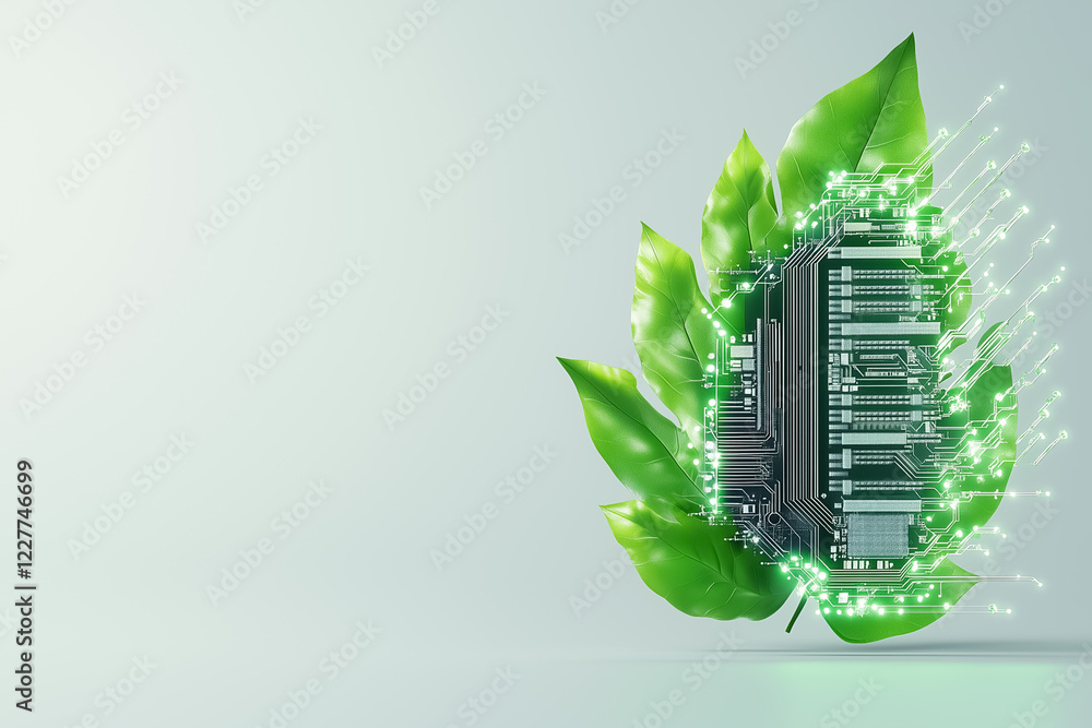 Aufkleber a minimal leaf shape blends seamlessly into a digital microchip, showcasing the harmony between natu