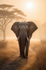 Obraz premium majestic elephant roaming at dawn in a golden landscape