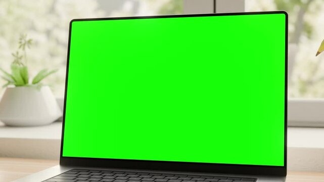 Laptop with green screen on a desk in a stylish home interior.. Set of three camera transitions with different angles in one clip. Luma matte, tracking screen layer included. CGI render