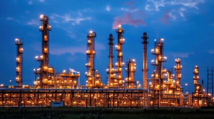 Obraz premium Industrial skyline at dusk with illuminated towers and cloudy sky, showcasing energy production