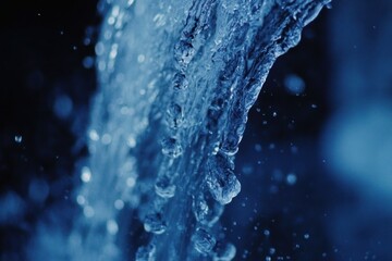 Close-up of flowing water with droplets in dark background