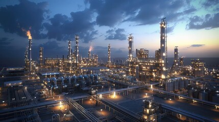 A sprawling industrial complex at dusk, with illuminated structures and smokestacks against a dramatic sky