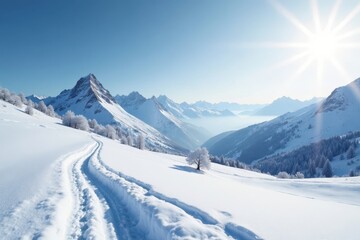 Fototapeta premium Snow dusted fields, distant snow capped peaks, stark winter light, cold, photography