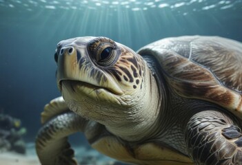 Fototapeta premium Gentle sea turtle gazing directly at the viewer with calm eyes and a soft expression , nature, animal, portrait
