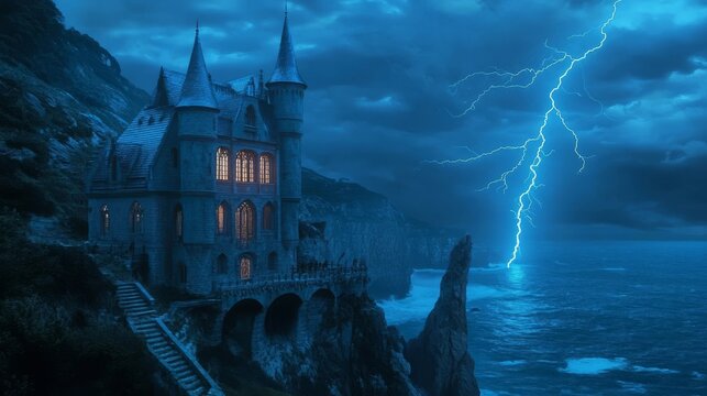 Dark castle on a cliff illuminated by lightning during a stormy night by the sea