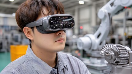 High-quality photograph of a factory worker wearing virtual reality glasses while monitoring a robotic arm assembling machine parts in a high-tech industrial facility