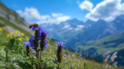 Close up of a bee on a purple flower in an alpine field
