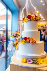 Weddng cake with flowers, displayed in a shop