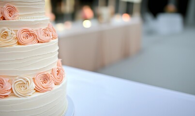 White and pink wedding cake with flowers, ready for the celebration
