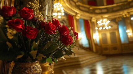 Bouquet of red roses in an elegant hall