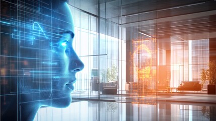 Futuristic office with digital interface and holographic display