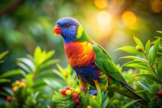 Stunning panoramic photography showcases the vibrant colors of Moluccan Rainbow Lorikeets.