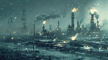 Industrial landscape during snowfall with smoke and flames from factories at dusk