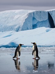 Fototapeta premium Two emperor penguins in a stunning icy landscape