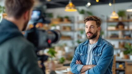 A man discusses sustainable business practices while standing in a modern workspace filled with plants and decor. The atmosphere is lively and engaging as he shares valuable tips