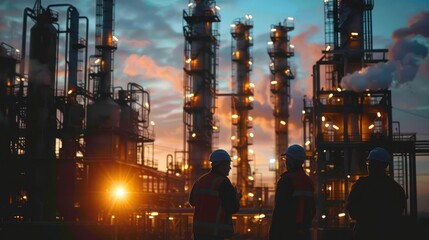 Workers observing a vibrant sunset at an industrial site with glowing smokestacks and machinery