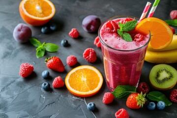 fresh fruit smoothie with strawberries and blueberries, copy space for text