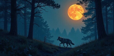 Fototapeta premium Full moon illuminates a lone wolf's back as it runs through a dense thicket, wolf, trees, nighttime