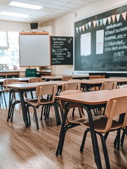 A photo of an empty classroom with blackboards and desks