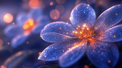 Glowing blue flowers, night bokeh, digital art, fantasy, website