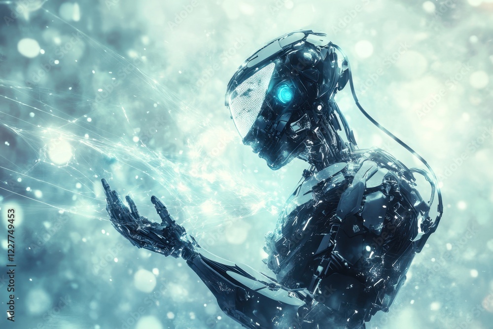 Poster robot figure interacts with digital particles in a futuristic environment